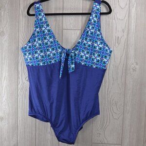 NWT Bleu Ice Womens Blue Printed Tie Front One Piece Swimsuit 24 PLUS SIZE